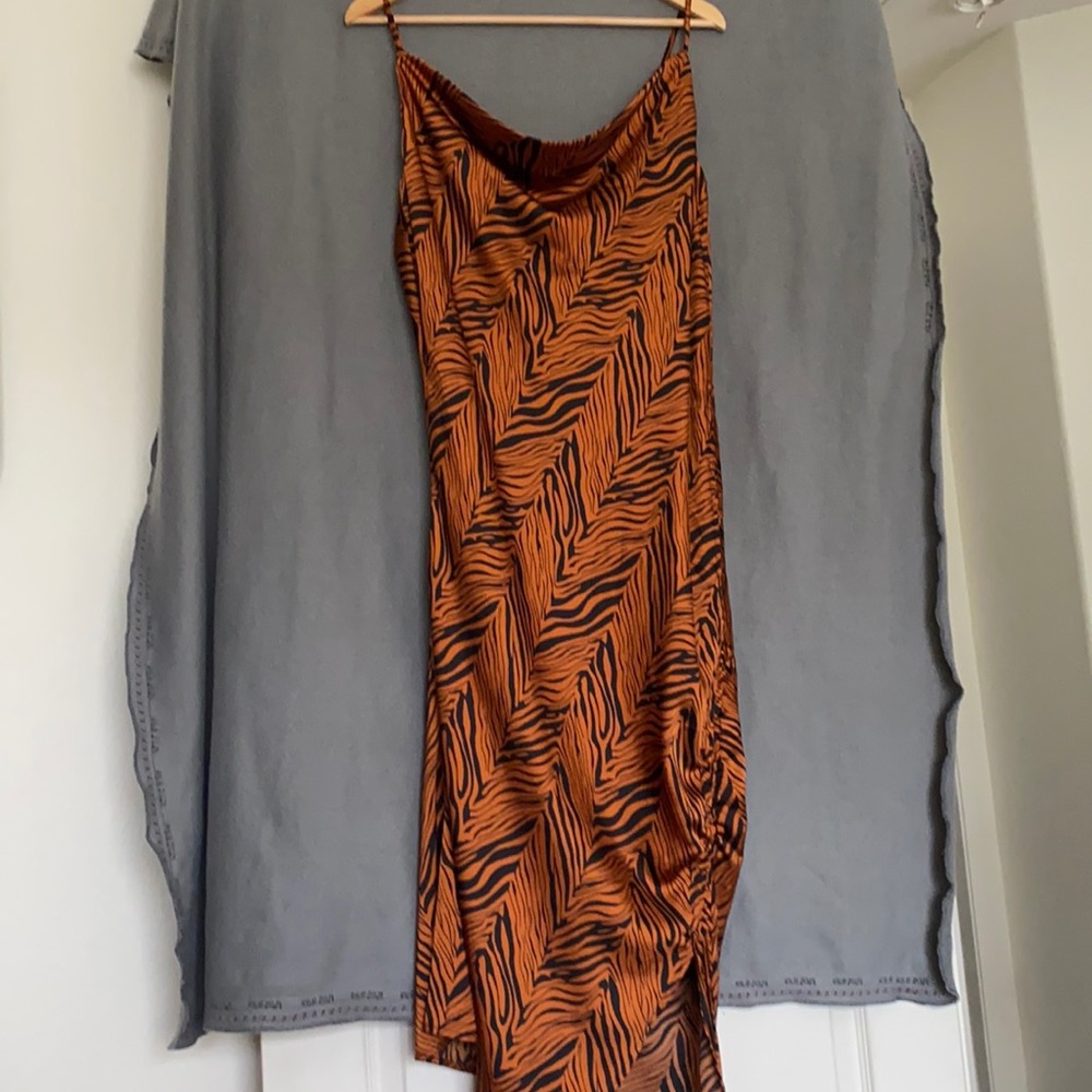 Cowl neck silk asymmetrical midi dress